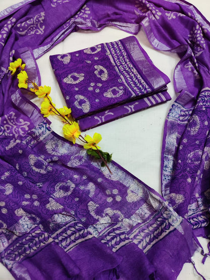 Bagru Hand Block Printed Linen Suits With Zari Border