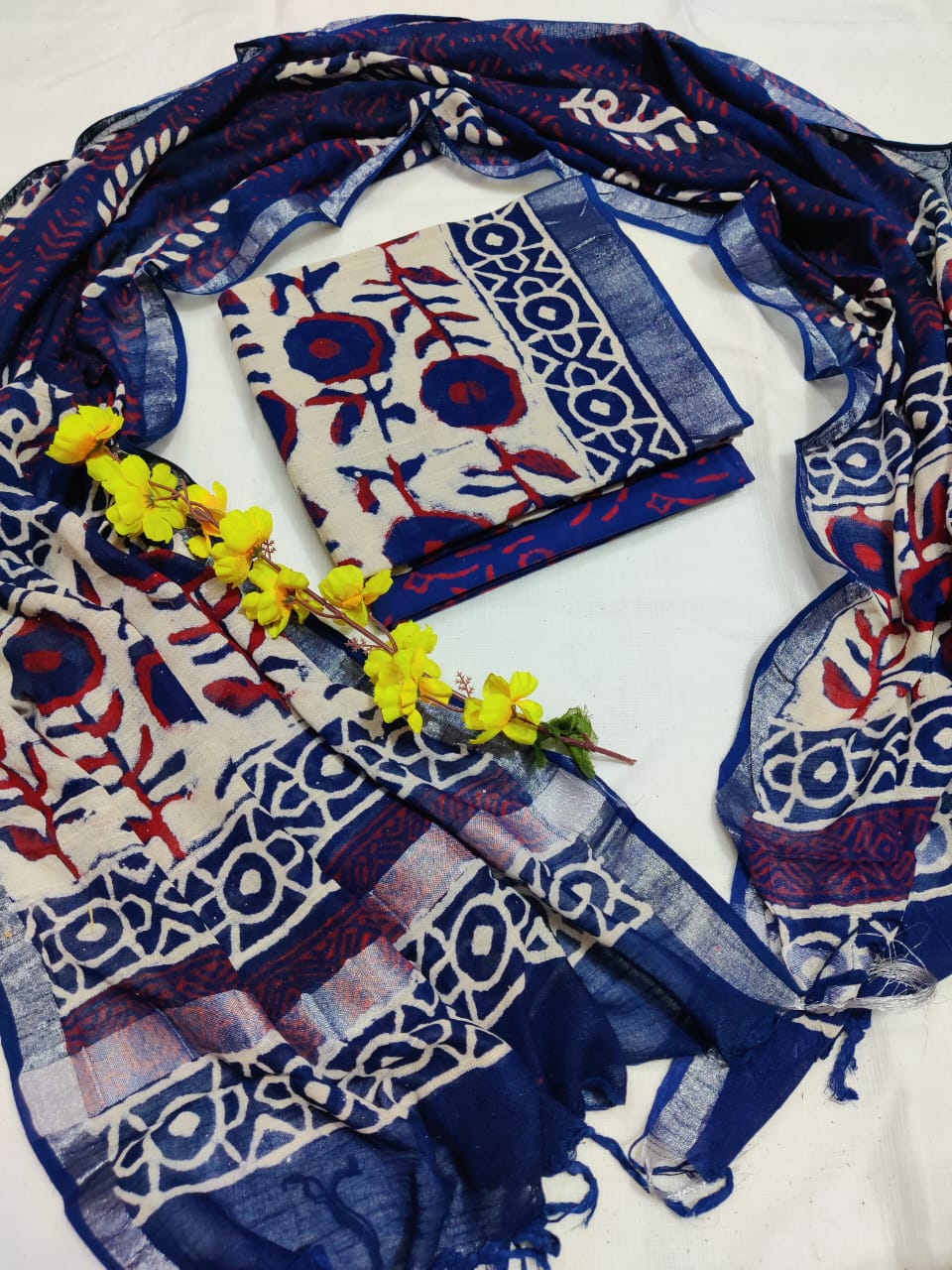 Bagru Hand Block Printed Linen Suits With Zari Border