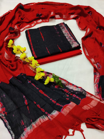 Bagru Hand Block Printed Linen Suits With Zari Border