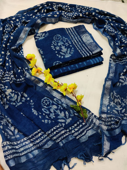 Bagru Hand Block Printed Linen Suits With Zari Border