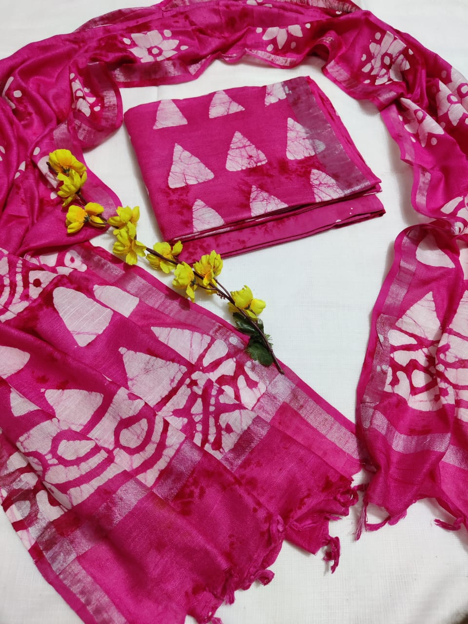 Bagru Hand Block Printed Linen Suits With Zari Border