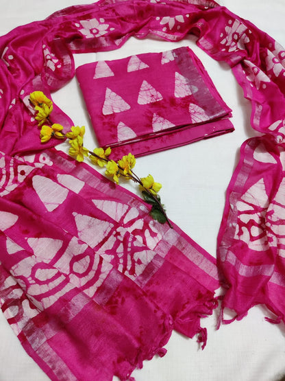 Bagru Hand Block Printed Linen Suits With Zari Border