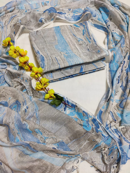 Bagru Hand Block Printed Linen Suits With Zari Border
