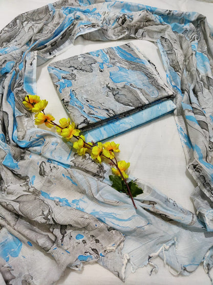 Bagru Hand Block Printed Linen Suits With Zari Border