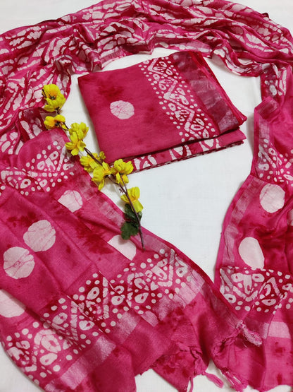Bagru Hand Block Printed Linen Suits With Zari Border