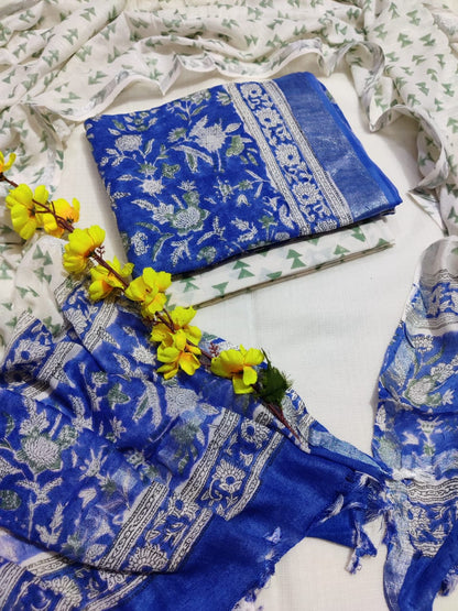 Bagru Hand Block Printed Linen Suits With Zari Border