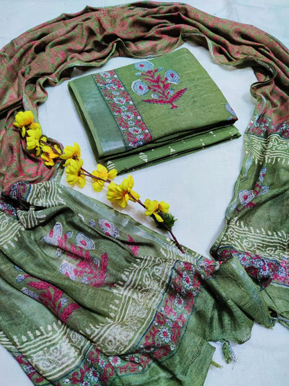 Bagru Hand Block Printed Linen Suits With Zari Border