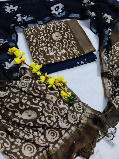 Bagru Hand Block Printed Linen Suits With Zari Border