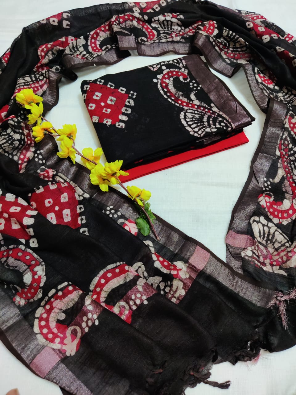 Bagru Hand Block Printed Linen Suits With Zari Border