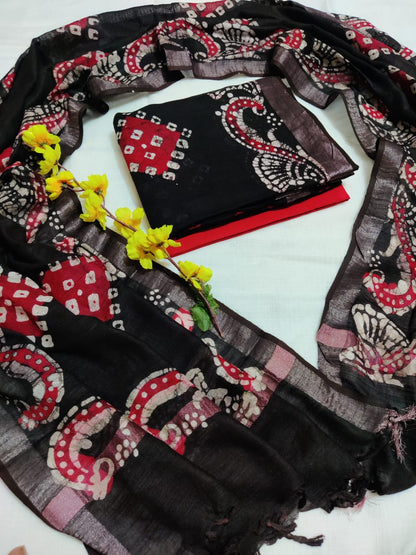 Bagru Hand Block Printed Linen Suits With Zari Border