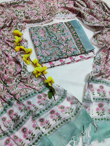 Bagru Hand Block Printed Linen Suits With Zari Border