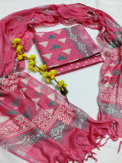 Bagru Hand Block Printed Linen Suits With Zari Border