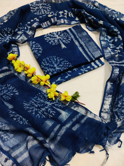 Bagru Hand Block Printed Linen Suits With Zari Border