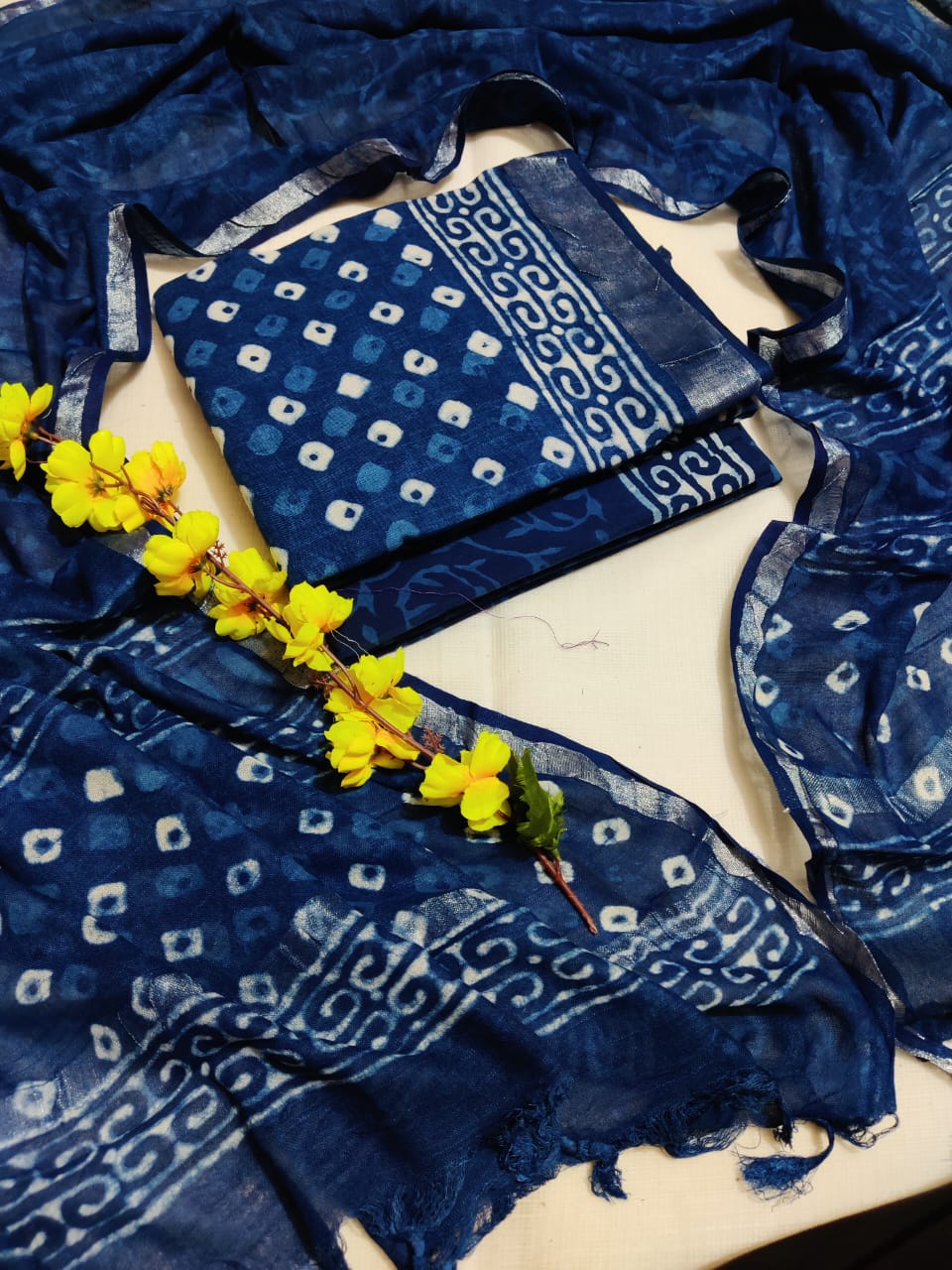 Bagru Hand Block Printed Linen Suits With Zari Border