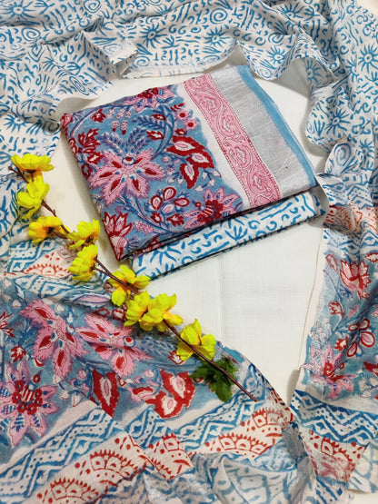 Bagru Hand Block Printed Linen Suits With Zari Border