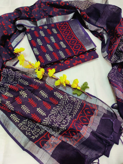 Bagru Hand Block Printed Linen Suits With Zari Border