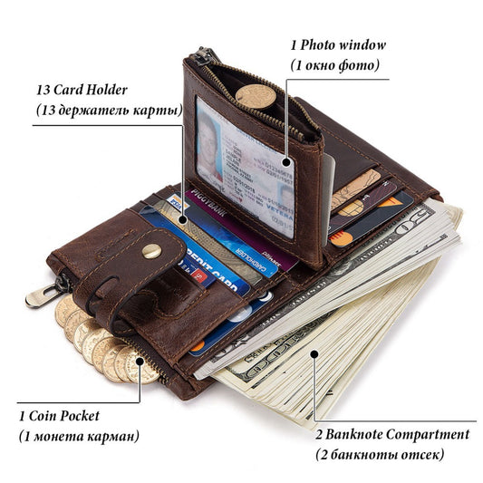 New Men's Leather Wallet Large Capacity Buckle Retro Zipper Coin Purse Anti-theft Clutch