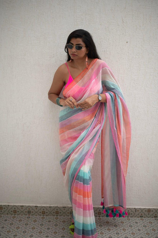 Mul Cotton Saree with Stitch Jhul Kodom