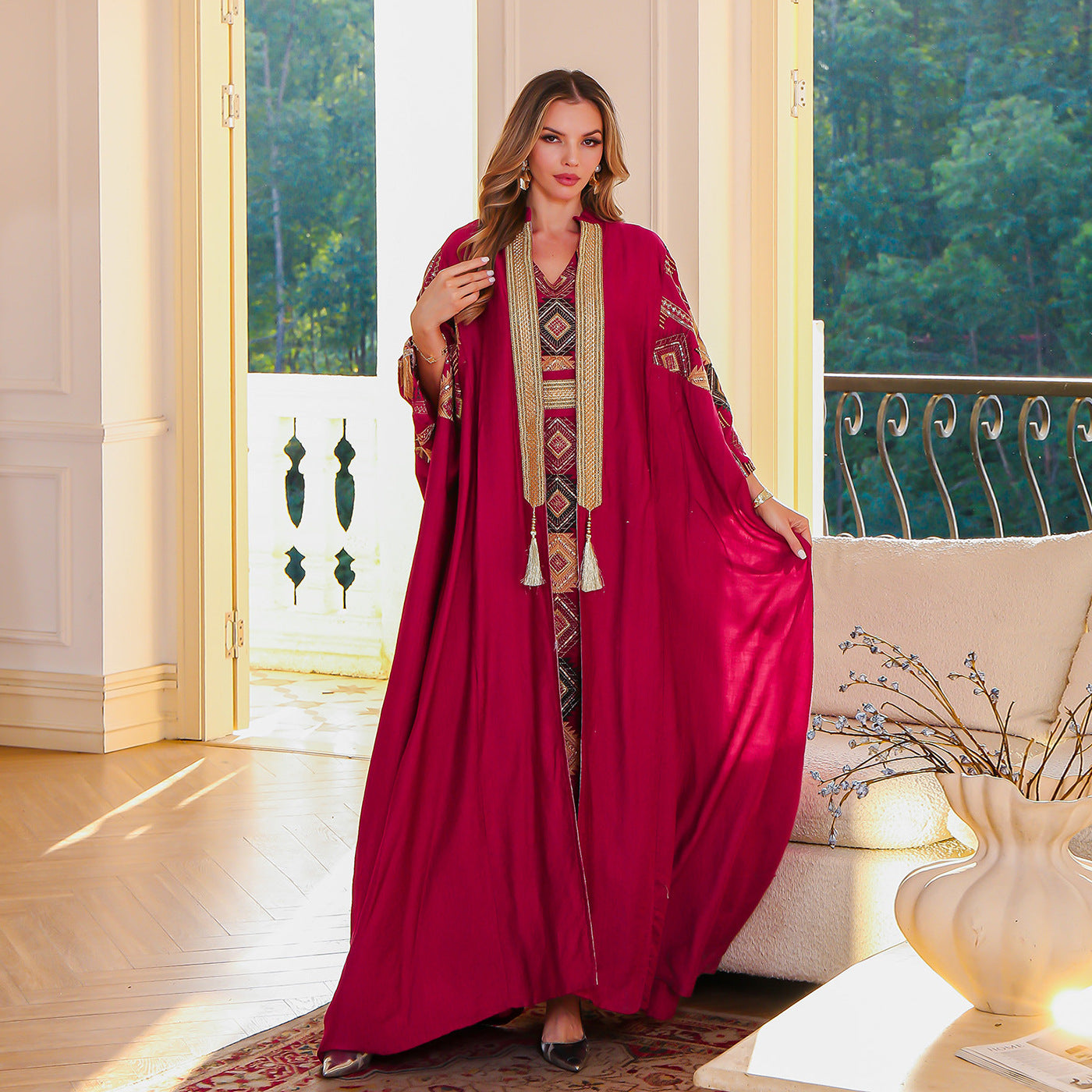 Embroidered Robe Abaya Light Luxury Evening Gown Two-piece Set