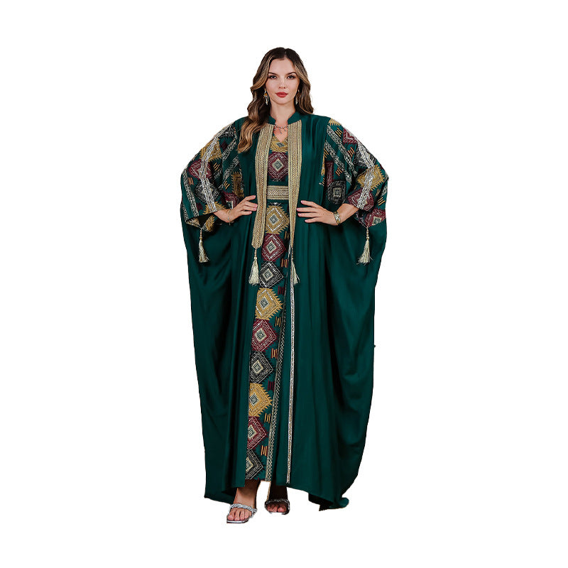 Embroidered Robe Abaya Light Luxury Evening Gown Two-piece Set