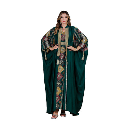 Embroidered Robe Abaya Light Luxury Evening Gown Two-piece Set