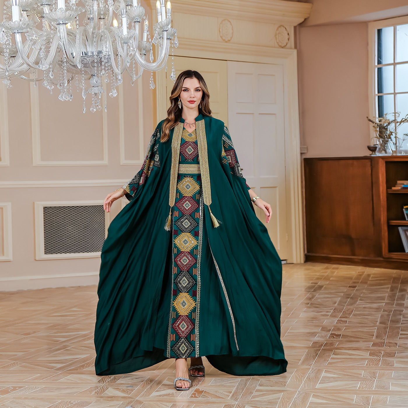 Embroidered Robe Abaya Light Luxury Evening Gown Two-piece Set