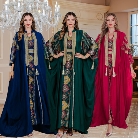 Embroidered Robe Abaya Light Luxury Evening Gown Two-piece Set