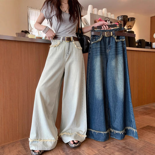 Mid Waist Straight-Leg Wide Leg Denim Jeans for Women