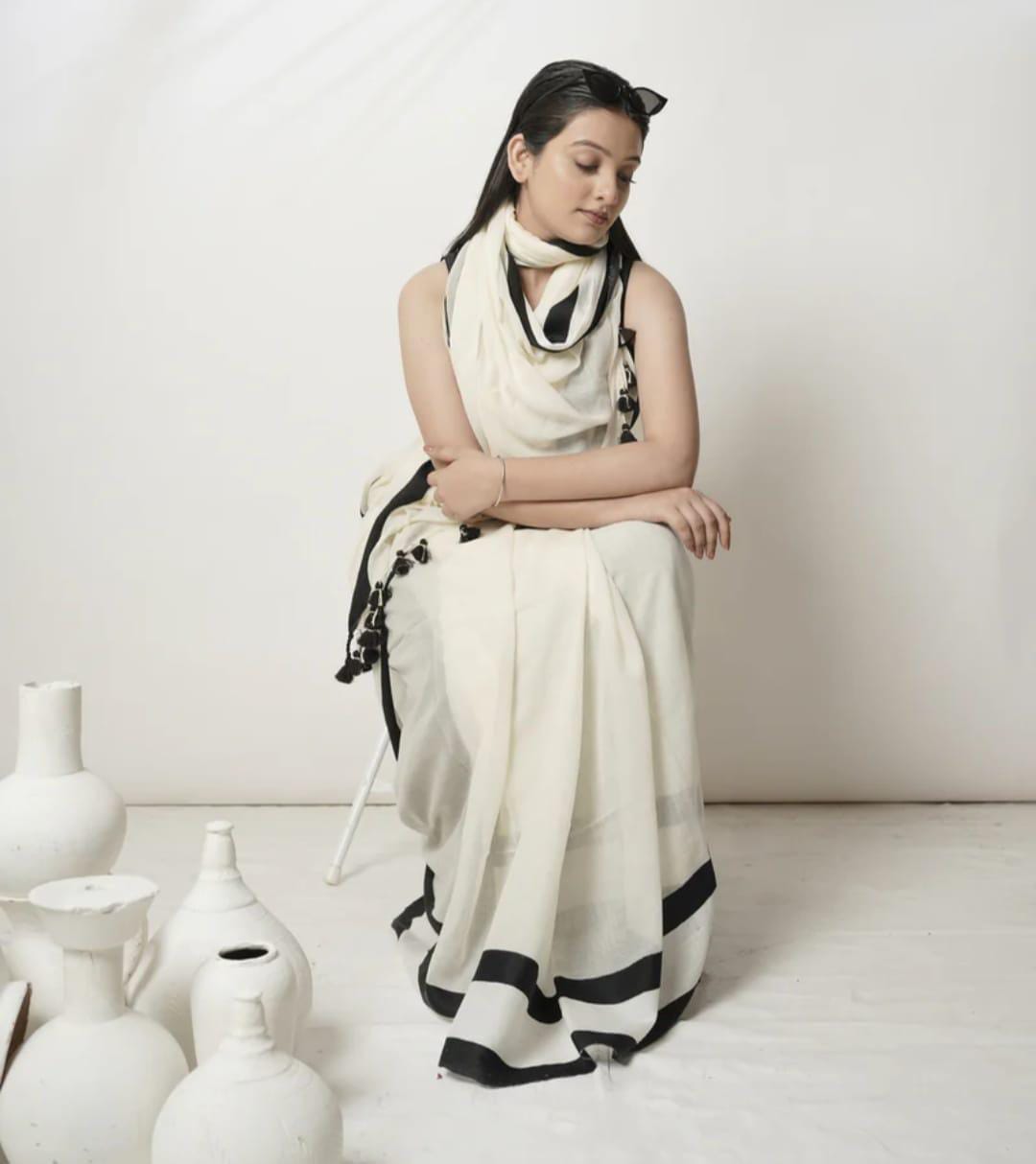 Exclusive Collection – Pure Mulmul Cotton Saree with Original Velvet Skirt Border