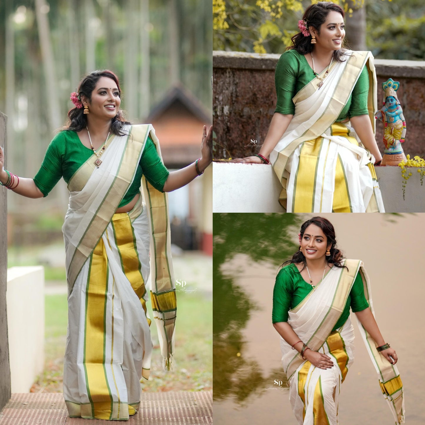 Mampoo Olive Green Cotton Set Mundu