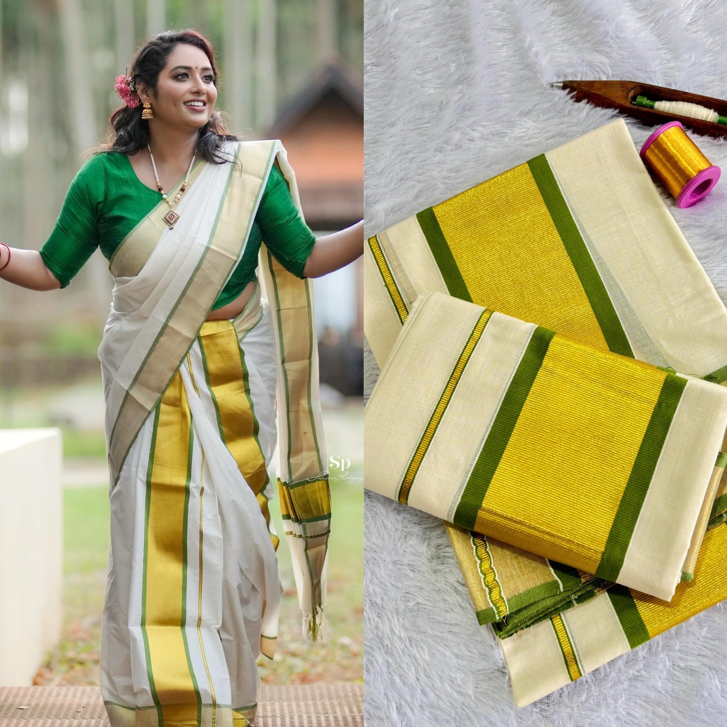 Mampoo Olive Green Cotton Set Mundu