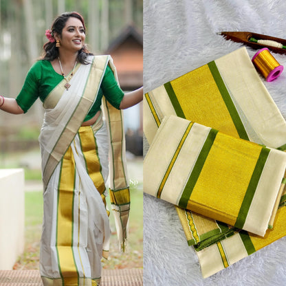 Mampoo Olive Green Cotton Set Mundu