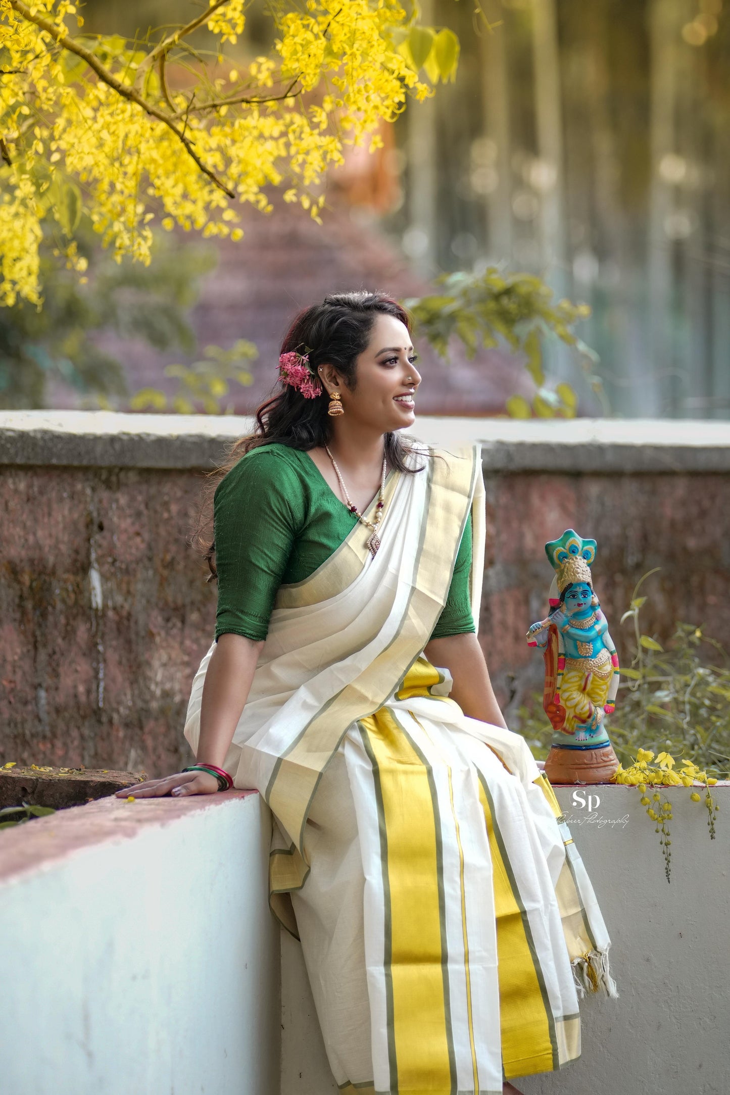 Mampoo Olive Green Cotton Set Mundu