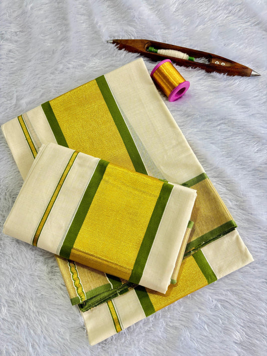 Mampoo Olive Green Cotton Set Mundu