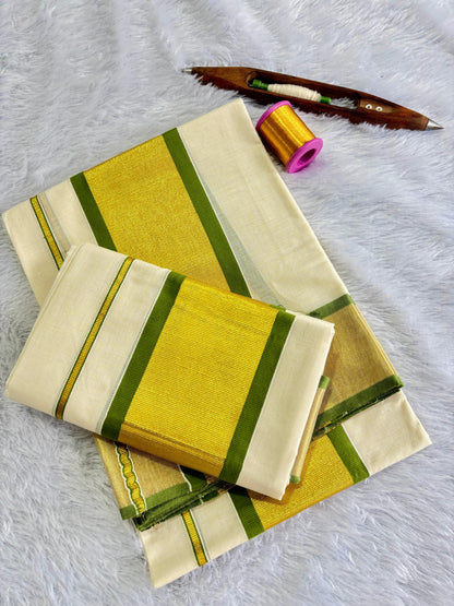 Mampoo Olive Green Cotton Set Mundu