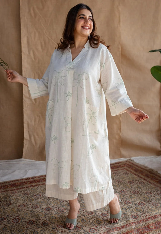 Pure Cotton Kurti with Self-Print & Palazzo Set