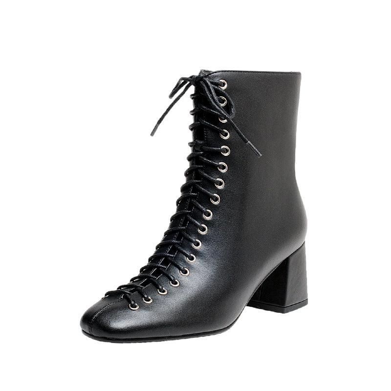 French Retro Romantic Style Lace-up Thick High-heeled Martin Boots