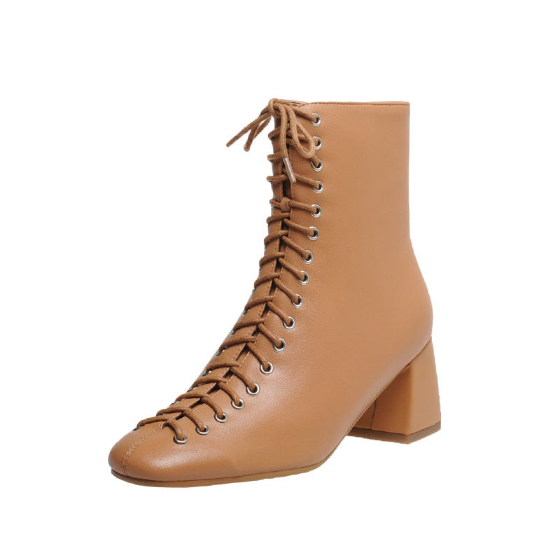 French Retro Romantic Style Lace-up Thick High-heeled Martin Boots