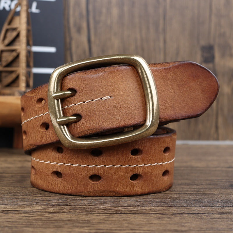 Retro Personalized Double Needle Brass Buckle First Layer Cowhide Stitching Men's Leather Belt