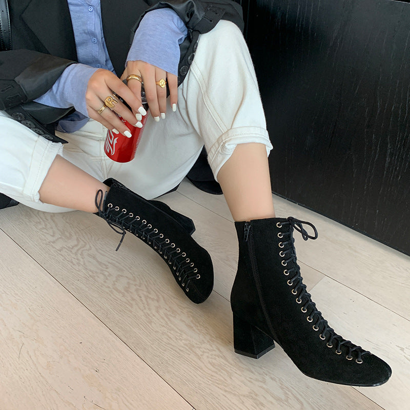 French Retro Romantic Style Lace-up Thick High-heeled Martin Boots