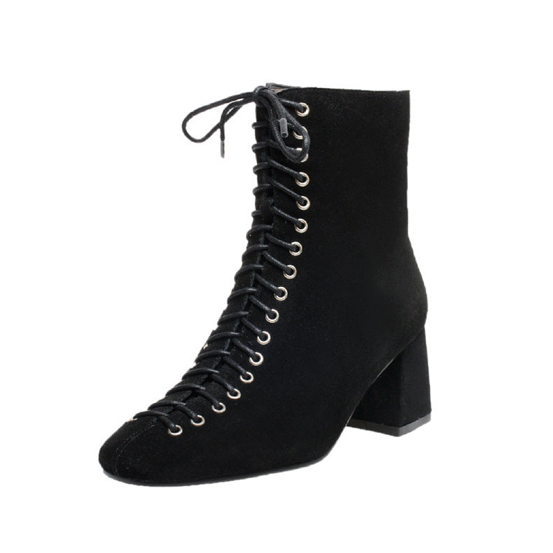 French Retro Romantic Style Lace-up Thick High-heeled Martin Boots