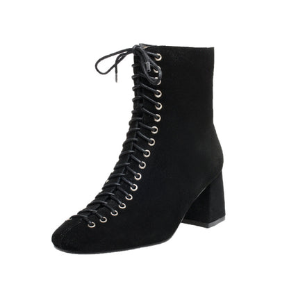 French Retro Romantic Style Lace-up Thick High-heeled Martin Boots