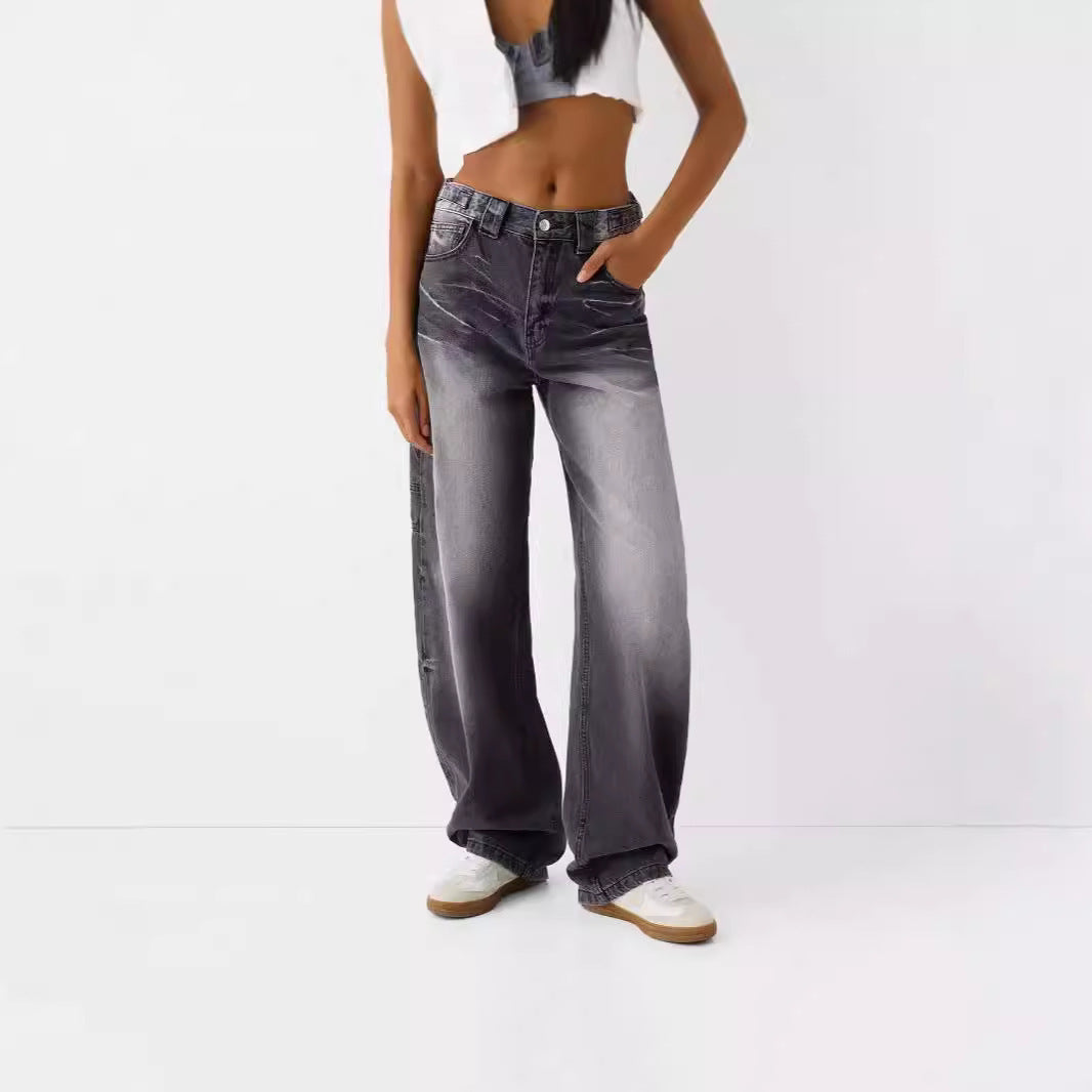 Urban Style Straight-Leg Denim Trousers – Black & Light Blue For Women