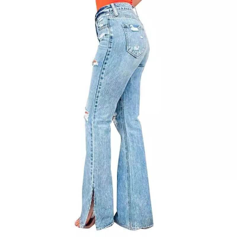 Ladies European & American Style Light Blue High/Mid Waist Jeans