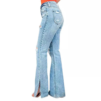 Ladies European & American Style Light Blue High/Mid Waist Jeans