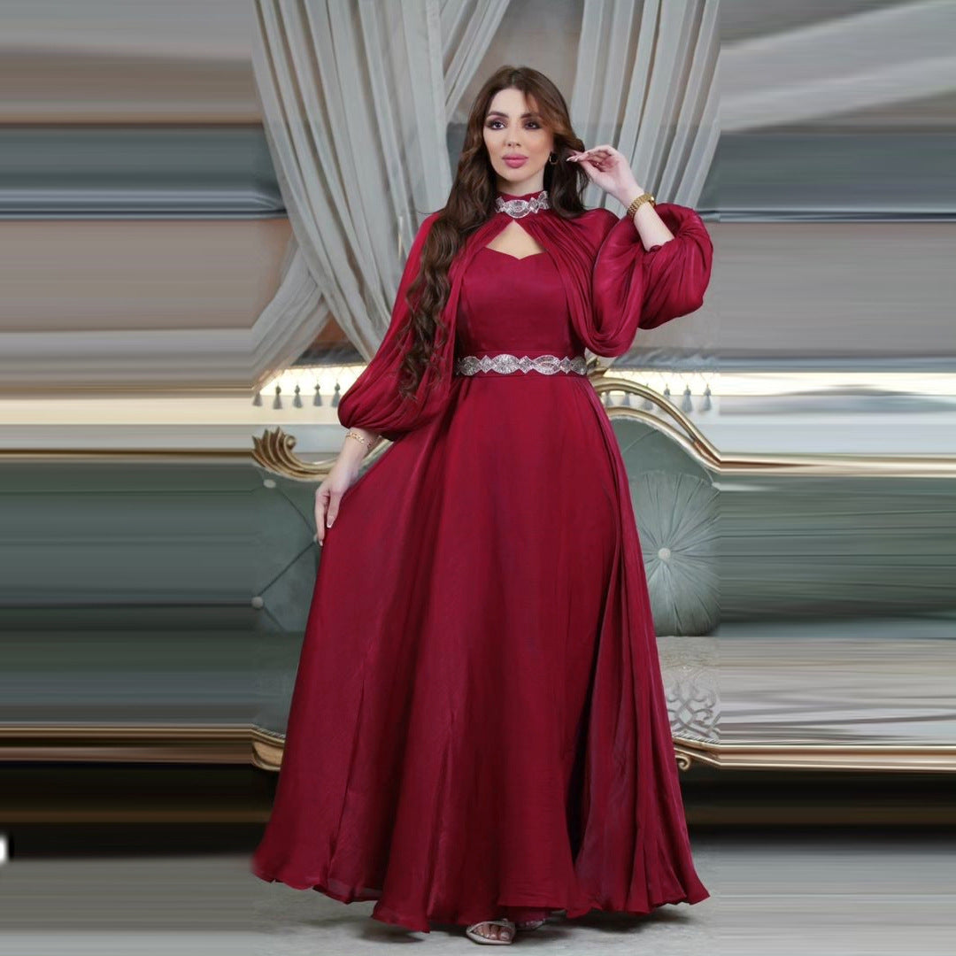 Women's Two-piece Hot Drilling Bright Silk Satin Robe Abaya