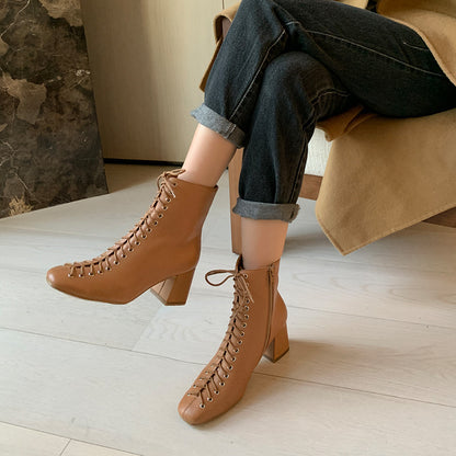 French Retro Romantic Style Lace-up Thick High-heeled Martin Boots
