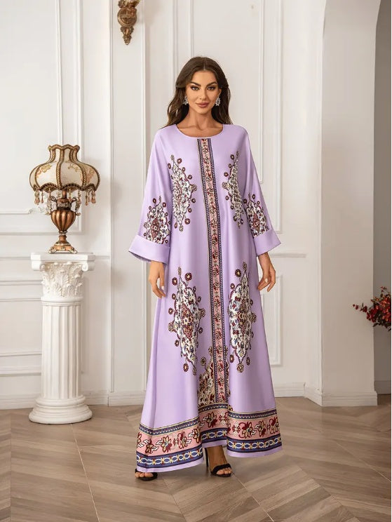 Floral Lace Trim Long Abaya Dress