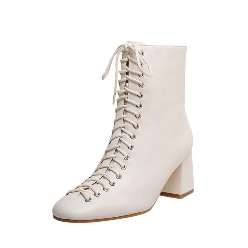 French Retro Romantic Style Lace-up Thick High-heeled Martin Boots
