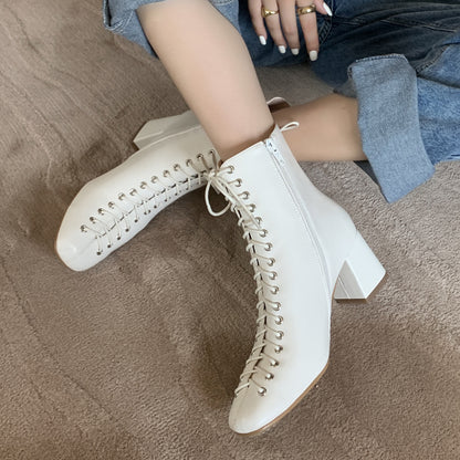 French Retro Romantic Style Lace-up Thick High-heeled Martin Boots